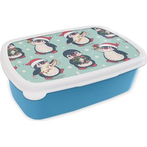 Broodtrommel Blauw - Lunchbox - Brooddoos - Pinguïn - Lichtsnoer - Kerstkrans - Patronen - 18x12x6 cm - Kinderen - Jongen