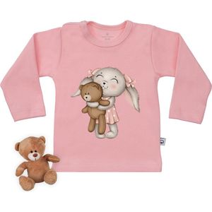 Baby t shirt met konijntje en knuffelbeer print opdruk - Roze - lange mouw - maat 62/68..