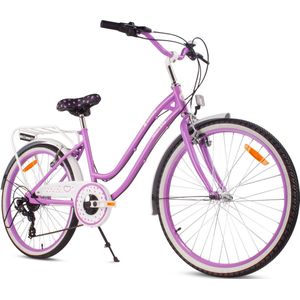 Heart Bike Kinderfiets 24 inch meisjes van 8 tot 12 jaar, Paars, Fiets voor een meisje met 7 versnellingen, bagagedrager, metalen spatborden, V-brake, kettingkast