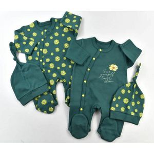 Babykleding Meisje - Boxpakje - Print - 4-delig- Jumpsuit Baby - zonnebloemen afgedrukt - Met drukknoopjes - Maat 62