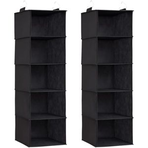 2 Pack 5 Planken Hangende Kast Organizer met 2 stevige Haken, Kast Hangende Opbergplanken Opvouwbaar Hangende Plank Organizer, Zwart