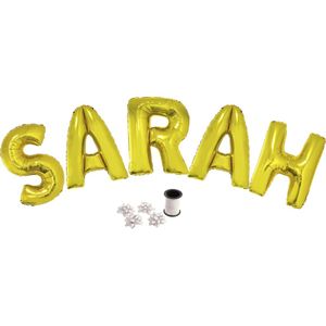 Folie ballonset goud met letters SARAH 102 cm + geschenklint 10m met 4 witte strikken