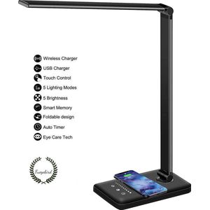 Fuegobird EK009 LED Bureaulamp – Bedrade – Qi Draadloos Opladen Voor Telefoon – Dimbaar – Timer - Opvouwbaar – Smart Touch – Zwart