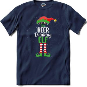 Foute kersttrui - Beer drinking kerstelf - T-Shirt - Dames - Navy Blue - Maat XL