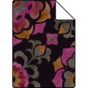 Proefstaal Origin Wallcoverings behang suzani bloemen zwart, oranje en roze - 26,5 x 21 cm - 347474-S