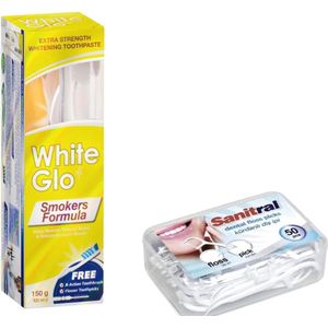 White Glo Smokers Formula Whitening Tandpasta 150g en tandenborstel (inclusief Sanitral 50 Floss Sticks als cadeau inbegrepen)