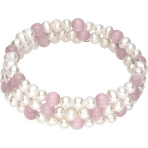 Zoetwater parel armband met edelsteen Pearl Pink Cat's Eye - echte parels - kattenoog - wit - roze - wikkelarmband