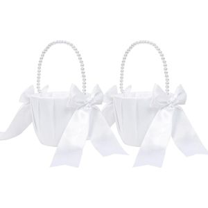 2 pcs White Flower Girl Baskets for Wedding with Handle and Bow