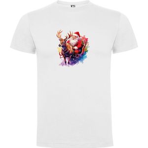 Wit T-Shirt met “Kleurrijke Vrolijke Kerstman met Slee, rendier en Kado's “ Print Full Color Maat S