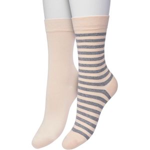 Bonnie Doon Sokken Set Gestreept en Effen voor Dames Roze/Grijs maat 36/42 - Set met 2 paar Sokken - Strepen - Katoenen Sok - Gladde Naden - Brede Boord - Perfecte Pasvorm - 2-pack - Multipack - Lichtroze - Grijs - Almost Apricot - OL041101.116