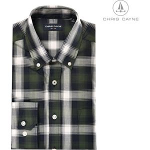 Chris Cayne heren overhemd lange mouw met borstzak - maat M - kleur donkerblauw/groen/offwhite - geruit patroon - ingeweven ruitpatroon - Katoen - shirt heren - shirt M - borstzak