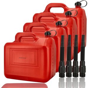 Jerrycan 20 Liter Rood – Set van 4 – Inclusief Trechter, Lange Schenktuit en Vulslang – Brandstof Jerrycans voor Benzine en Diesel – Kunststof UN-gekeurde Benzinetank – Brandstofkan Jerrycan