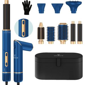 VENEUX® 8 in 1 Föhnborstel - Airstyler - Krulborstel - Krultangen - Diffuser - Blauw / Goud
