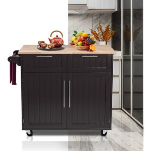 Keukeneiland - Verplaatsbaar - Keukenkast - Dressoir - Organizer - Kasten - Houten Werkblad - Lade - Zwart