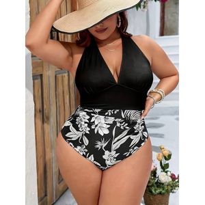 Plus Size Sexy Badpak- Dames kleurblok Bloemenprint Diepe V-hals Halter Badpak- Zwempak Bikini Tank Strandkleding D15-16- Zwart- Maat 3XL