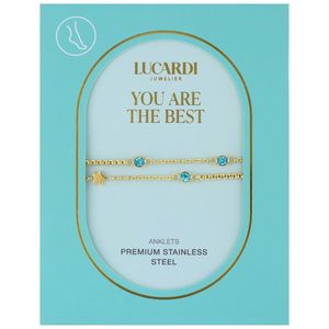 Lucardi Dames Dubbele goldplated stalen enkelbandje met steentje - Accessoire - Staal - Goudkleurig - 26 cm
