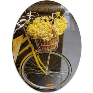 Dibond Ovaal - Mandje van Gele Fiets Gevuld met Bloeiende Gele Bloemen - 72x96 cm Foto op Ovaal (Met Ophangsysteem)