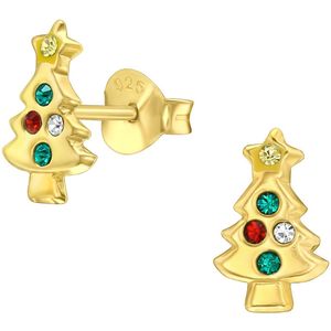 Joy|S - Zilveren kerstboom oorbellen - 6 x 10 mm - 14k goudplating met kristalletjes - kerst oorknoppen - kinderoorbellen