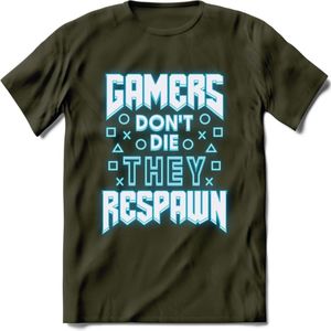 Gamers don't die T-shirt | Neon Blauw | Gaming kleding | Grappig game verjaardag cadeau shirt Heren – Dames – Unisex | - Leger Groen - XXL
