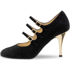 Nueva Epoca Jacinta Salsa Dansschoenen Dames met Dichte Teen - Zwart met Goud - Suède/Leer - Drie riempjes - Suede zool - Hoge hak 8 cm - Argentijnse Tango, Salsa, Latin schoenen - Nueva Epoca - Zwart - 42 2/3