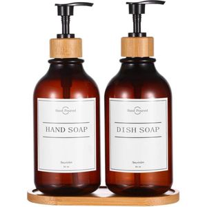 Set van 2 zeepdispensers voor de keuken, 500 ml plastic badkamer zeepdispenser set met bamboepomp en dienblad, shampoo en conditioner, lotion, handzeepdispenser met waterdichte etiketten, bruin