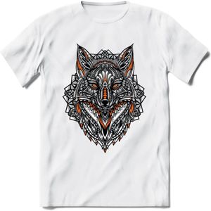 Vos - Dieren Mandala T-Shirt | Oranje | Grappig Verjaardag Zentangle Dierenkop Cadeau Shirt | Dames - Heren - Unisex | Wildlife Tshirt Kleding Kado | - Wit - L
