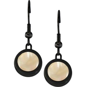 Quiges RVS Schroefsysteem Oorhangers Oorbellen Zwart met Verwisselbare Beige Schelp Mini Munt Set - ECOS246