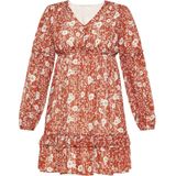 Usha - Fashion Look - Jurk - Roestbruin/Wit - Bloemenprint - V-hals - Lange Mouw