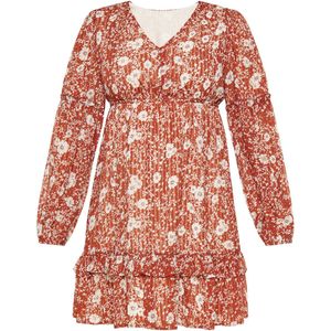 Usha - Fashion Look - Jurk - Roestbruin/Wit - Bloemenprint - V-hals - Lange Mouw