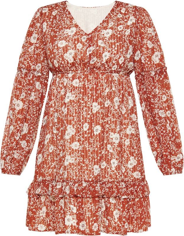 Usha - Fashion Look - Jurk - Roestbruin/Wit - Bloemenprint - V-hals - Lange Mouw