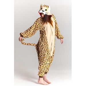 KIMU Onesie Luipaard Pak - Maat S-M - Luipaardpak Kostuum Panter Cheetah 158 164 - Jumpsuit Zacht Pyjama Dierenpak Huispak Dames Heren Festival