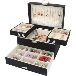 Sieradendoos - Sieradendoosje 3 lagen grote sieradenkistje met lade voor armbanden - oorbellen - ringen - halskettingen - horloges zwart