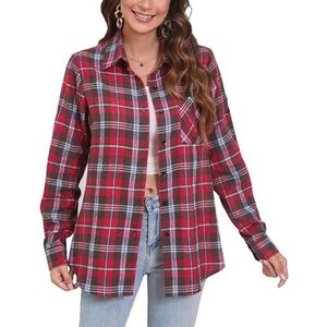 Geruit flanellen overhemd voor dames met lange mouwen en zakken