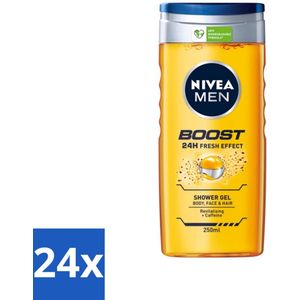 24 x Nivea - Men - Boost Douchegel - 24 Uur Lang Effect - 250 ml - NIVEA MEN - Douchegel - Cafeïne - Verfrissend - 24 Uur Fris