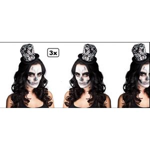 3x Tiara hoedje schedels zwart/wit - Griezelfeest scary halloween creepy griezel horror hoofddeksel diadeem