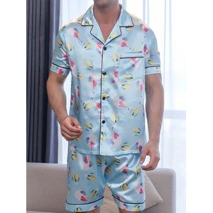 pyjama set satijn blauw heren nachtmode korte mouw korte broek