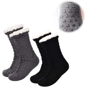 2 Paar Antislip Dikke Huissokken - Huissokken Dames En Heren - Fleece Sokken - Slofsokken - One Size - Dikke - Bedsokken - Fluffy Sokken - Verwarmde Sokken - Gevoerde Sokken - Winter Sokken - Cadeautip - Kerst（Zwart/Grijs）