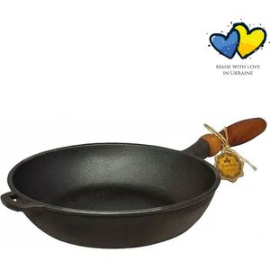 MAYSTERNYA Koekenpan gietijzer met Houten Handvat - ø 28 x 6 cm - Gietijzeren Pan voor alle Warmtebronnen - Anti Aanbak - Bakken - Krasbestendig - Traditioneel Koken - Pannen - Kookliefhebbers Cadeau - Houten handvat - PFAS vrij - Zwart