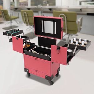 Bloominggoods® Visagie Koffer - Make-up Koffer op Wielen - Cosmetica Trolley - Cosmetica Organizer - Alluminium - Roze/Zwart