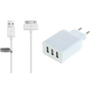 OneOne 3A lader met 3 poorten + 3,0m USB kabel. Universele oplader adapter past op Apple iPhone 3G, 3Gs, iPhone 4, 4s, iPad 1, iPad 2, iPad 3, iPod Classic, iPod Mini, iPod Nano 1, 2, 3, 4, 5, 6, iPod Touch 1, 2, 3, 4