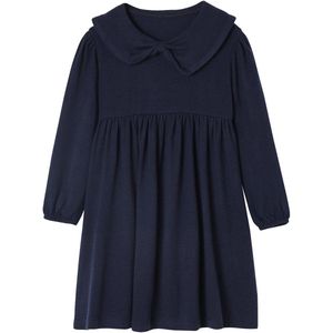 Jurk - Marineblauw - Gebreide Tricot - Meisjes - Lange Mouwen - Grote Fantasie Kraag