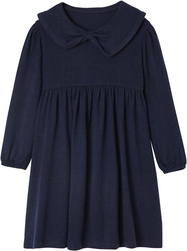 Jurk - Marineblauw - Gebreide Tricot - Meisjes - Lange Mouwen - Grote Fantasie Kraag