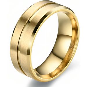 Heren Ring Goud kleurig met Gegraveerde Streep - Staal - Ringen - Cadeau voor Man - Mannen Cadeautjes