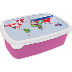 Broodtrommel Roze - Lunchbox - Brooddoos - Wereld - Kaart - Vlag - Landen - 18x12x6 cm - Kinderen - Meisje