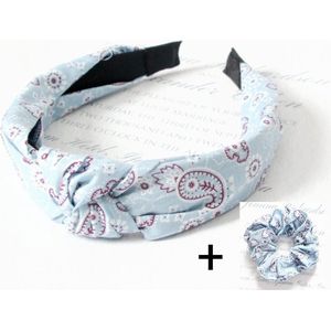 Set Dames Haarband Paisley + XL Scrunchie- Kleur Blauw,100% katoen-  Haarbanden gebloemd vrouwen meisjes- Hoofdband Breed Blauw scrunchie elastiek