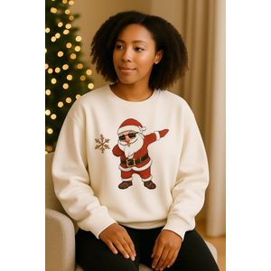 La Booty Kersttrui Dames- Oversized- Zachte Sweat stof Off White- Dabbing Santa Print- maat L/XL