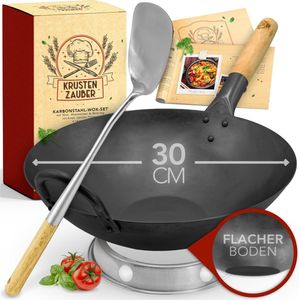 KRUSTENZAUBER 30 cm wokpan inductie voorgebrand - Traditionele stalen wok met wokspatel en wokring - Wokpan pfas vrij, wok inductie, woklette, wokaccessoire, carbon steel wok koolstofstaal