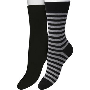 Bonnie Doon Sokken Set Gestreept en Effen voor Dames Zwart/Grijs maat 36/42 - Set met 2 paar Sokken - Strepen - Katoenen Sok - Gladde Naden - Brede Boord - Perfecte Pasvorm - 2-pack - Multipack - Zwart - Grijs - Black - Grey - OL041101.133