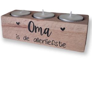 Waxinelichtje houder 3 kaarsen hout met tekst Oma is de allerliefste - Oma - Verjaardag - Geschenk - Cadeau