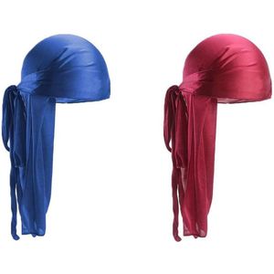 2pcs Long Tail Durag Turban Hat voor Vrouwen - Mannen - Hip Hop en dagelijkse versiering (Royal Blue - Wine Red)
